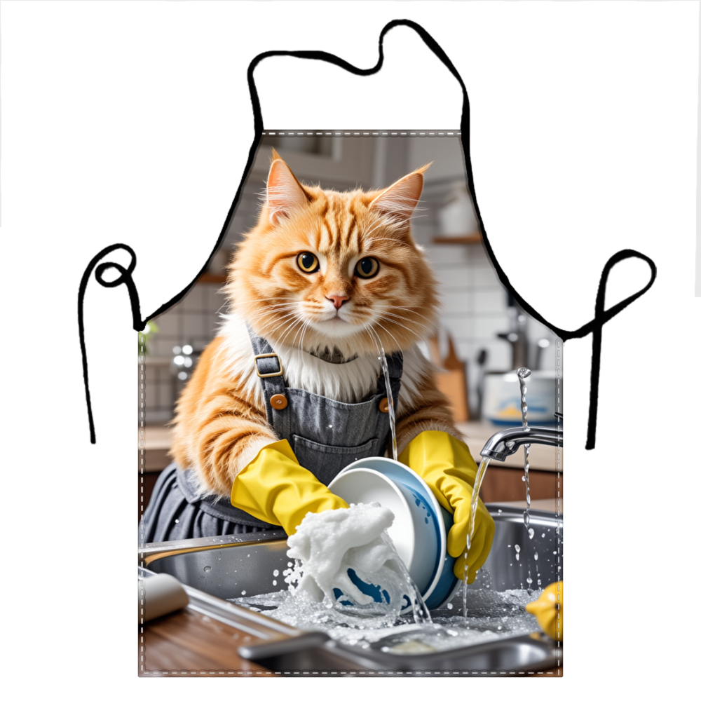 Home Cooking For Cats - Cat Washing Dishes Apron Kitchen Cooking