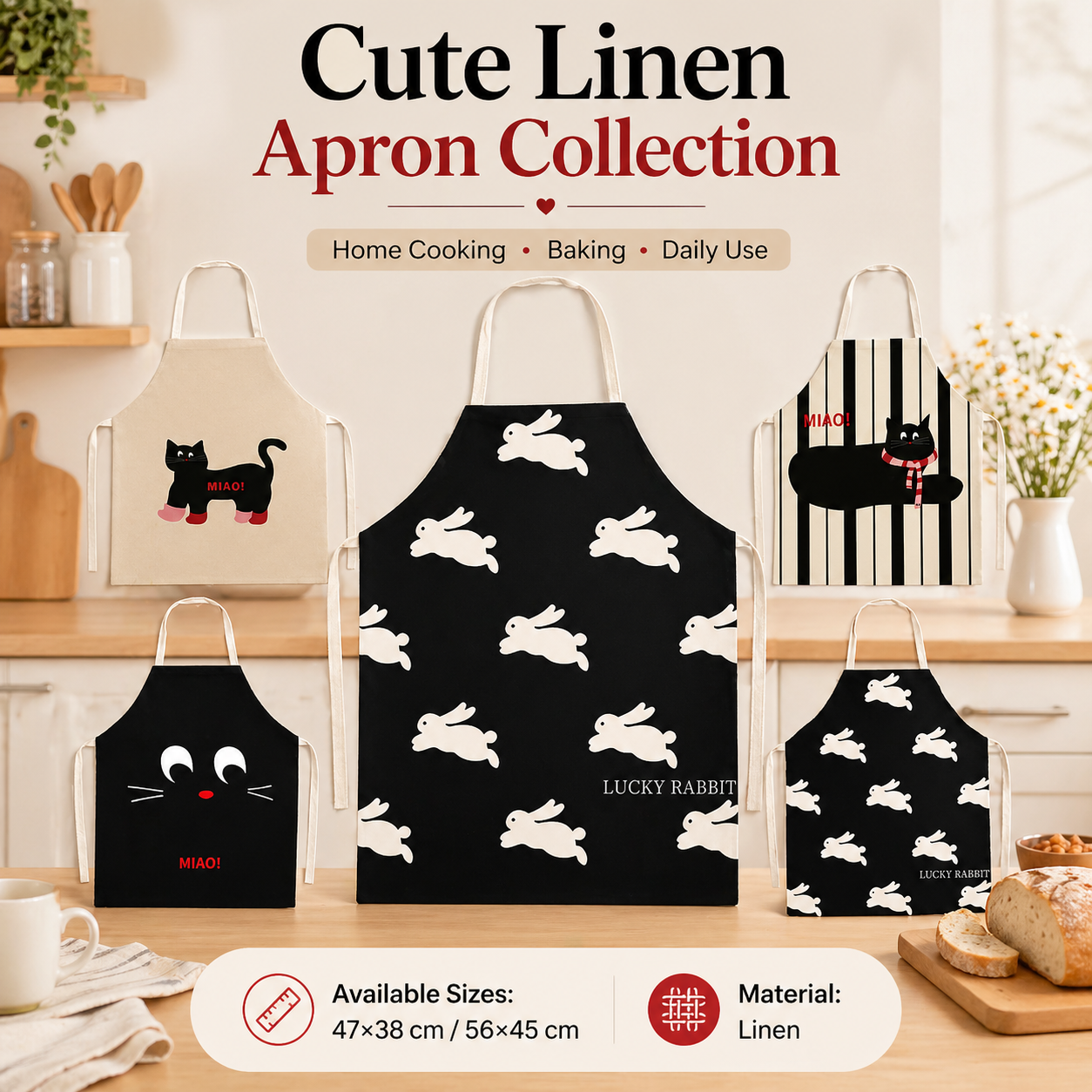 Home Cooking For Cats - Cute Black Cat White Rabbit Linen