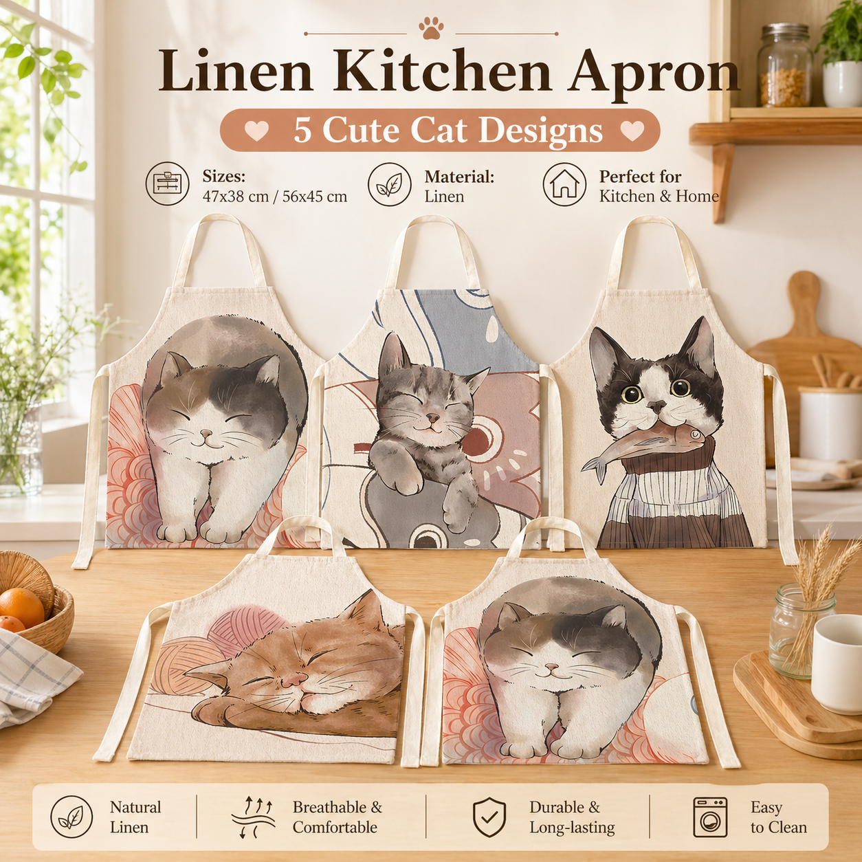 Cute Cat Printed Linen Kitchen - Home Cooking For Cats 리뷰 및 가격