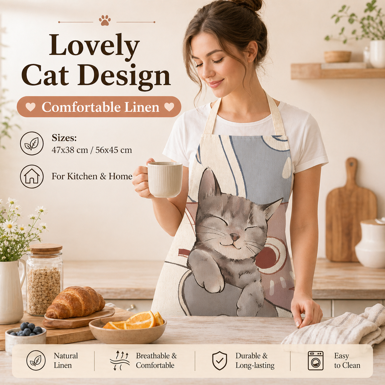 Cute Cat Printed Linen Kitchen - Home Cooking For Cats 리뷰 및 가격