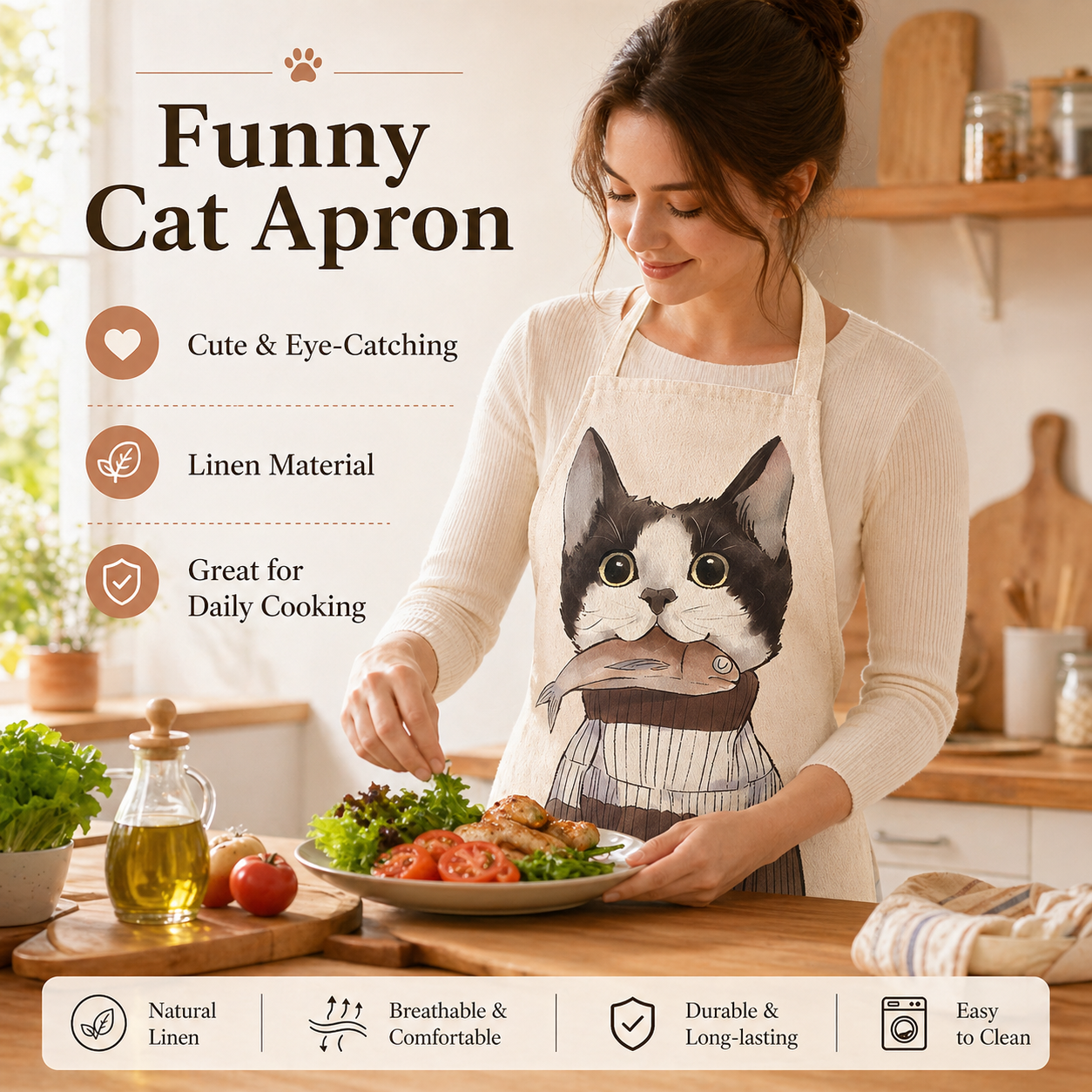 Cute Cat Printed Linen Kitchen - Home Cooking For Cats 리뷰 및 가격